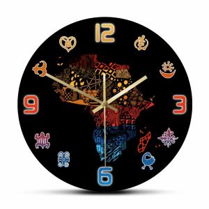Sacesr African Map Printed Acrylic Wall Clock Home Decor For Living Room Adinkra Symbols Gradient Ramp Silent Non-ticking Wall Clock 2Z6B7