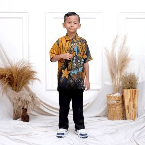 Batik Couple Keluarga Pasangan Ayah Ibu Anak Laki Perempuan Lengan Pendek Panjang Modern Anis Kuning