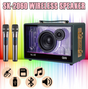 QIXI SK-2060 HD Sound Quality Wireless Bluetooth Speaker Box with LED Colorful Lightning Effect & 2 Wireless Microphone