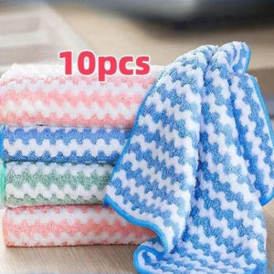 10pcs Thick Coral Fleece Cleaning Cloth Household Striped Absorbent Kitchen Towel Wash Dish