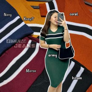baju dress rajut midi motif garis santai bodycon knit wanita V-Neck Casual
