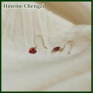 Hmeme 1Pair Korean Style Exquisite Wine Red Zircon Love Heart Dangle Stud Earrings For Women Simple Fashion Ear Hook Party Jewelry