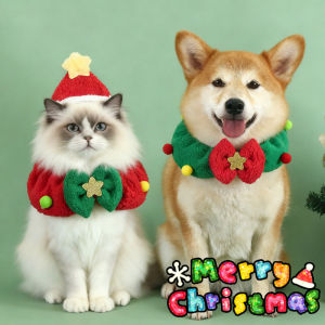 Christmas Pet Costume Cat Puppy Hat Scarf Set Pentagram Bow Neck Hoodie Xmas Dressing Party Decor