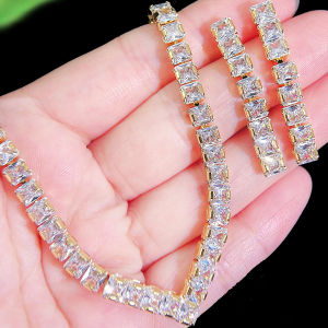 SEQUITO Trendy Golden Jewelry Set Full Pave Setting Sparkling Square Cut AAA Zirconia Precious Long Drop Earrings Pendant Necklace Women Clothing Accessories SJ387