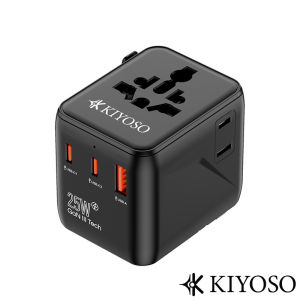 KIYOSO 25W Universal Travel Plug Adapter 2500W 2 Type-C Fast Charging 1 USB Charger International Plug US UK China Japan