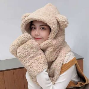 Mũ lông tai gấu 3 trong 1 có khăn quàng cổ và bao tay ( loại 1 dày ) cho mùa đông ấm áp