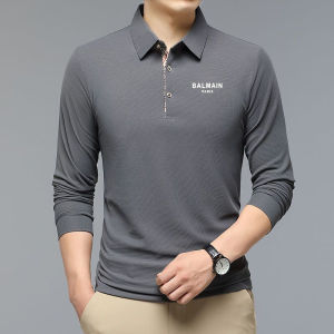 Original BALMAINˉPARIS Mens Spring and Autumn Long-sleeved Polo Shirt Business Casual Lapel Pure Cotton Bottom Sweater Loose Long-sleeved T-shirt