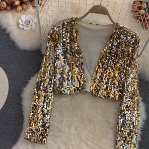 glitz Top V neck party outfit for women Glitter Long Sleeve Cardigan sparkling clothes black gold silver㏇X0408