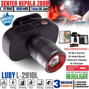 Headlamp Senter Kepala LED ZOOM PRO 45W Lithium 2400mAh Luby L-2910L Cahaya Putih Tahan 26 Jam - LED Rechargeable Headlight Waterprof - Senter Kepala Zoom Super Terang LUBY L 2910 L - Headlamp super terang/Terang Anti Air/USB rechargeable ~TFA