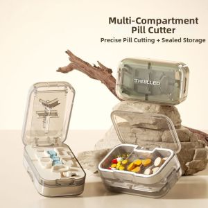 SKYJS Precise Cutting Portable Pill Cutter 2 in 1 Sealed Pill Storage Box Compact with 3 Compartments Daily Pill Splitter Travel