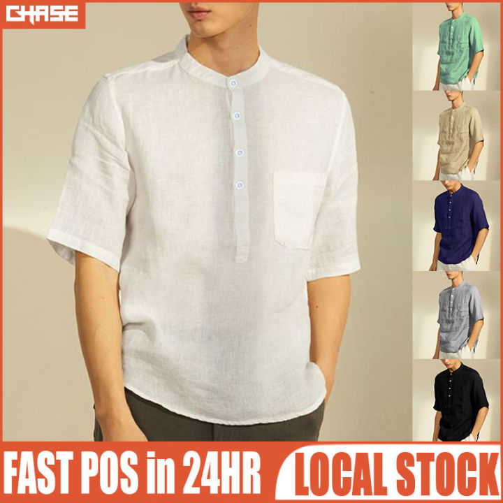 Kurta Lelaki Short Sleeve Oversized Men Shirt Summer Plain Casual Linen