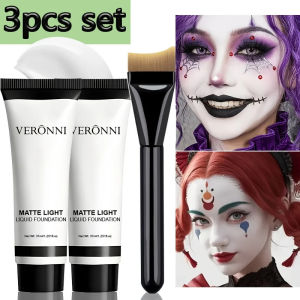 VERONNI 3pcs Full Coverage Matte White Liquid Foundation with a Free BrushSuitable for Halloween and Daily Use Role-playing Makeup