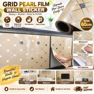 Grid Wall Sticker Glossy Pearl Waterproof Self-Adhesive 60cm Wide Easy Clean Wall Covering for Kitchen Bathroom Home 60CM IN WIDTH ANY LENGTH LOCAL STOCK AND NEXT DAY DELIVERY