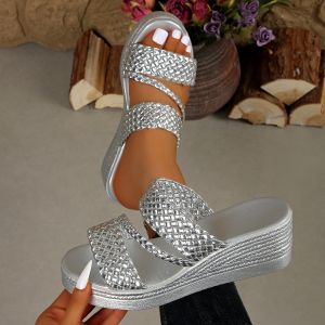 Free Shipping Plus-Size Thick-Soled Wedge Sandals For Women 2026 Summer New Fashion Stylish Outdoor Wear Woven High-Heeled Beach Shoes