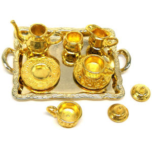 Joldhans ชุดจานถ้วยชาโลหะเฟอร์นิเจอร์บ้านตุ๊กตา10ชิ้น1: 12