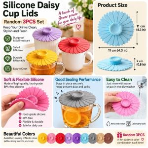 YESMILE 3pcs Chống bụi. Nắp cốc silicon Chịu nhiệt Hoa hướng dương Nắp đậy cốc kín Phổ quát Chống rò rỉ Nắp Ly Silicone Daisy Cà phê