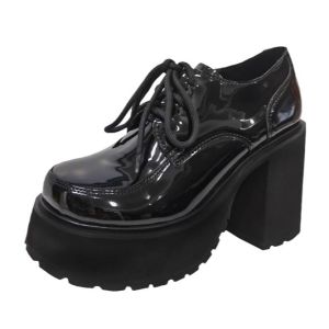 Size 35-40 Leather Shoes Womens Thick High Heels Round Toe Thick Soled Lace Up Mary Jane Shoes