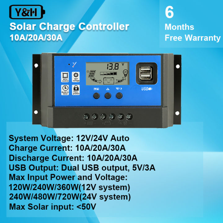 Y&H 10A 20A 30A PWM Solar Charge Controller 12V/24V Bat Regulator