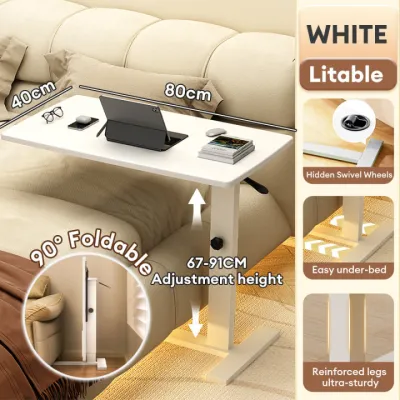 NAIJIA Adjustable Laptop Table Movable Lifting Bedside Table Foldable Small Table Bedroom 67-91CM Height Pure White Household Writing Desk Sofa Lazy Person床边桌