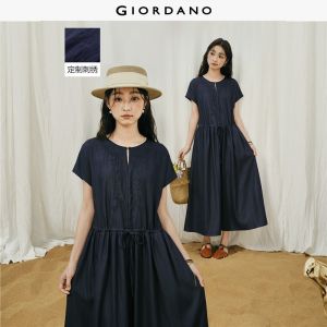Giordano Women Denim-like embroidered tie waist maxi dress Free Shipping 18466225