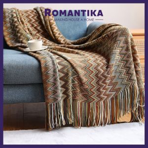 Romantika THROW BLANKET Zig Zag Textured Knitted with Tassel 130x150cm Bohemian Cozy Sofa Blankets Soft Lightweight Travel Blanket Bedding Selimut Sofa
