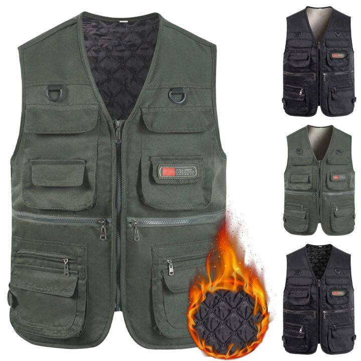 Cheap Winter Fishing Vest Multi Pockets Sleeveless Solid Color Thicken V  Neck Keep Warm Cardigan Plus Size Men Winter Vest for Trip