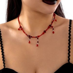 NOVELLEO Gothic Blood Drop Necklace Tassel Red Halloween Collarbone Chain Fashion Glass Halloween Choker Women