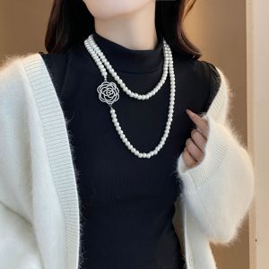 AE Dây chuyền ngọc trai hoa hồng dài thanh lịch và sang trọng dành cho nữ dây chuyền áo len đa năng và tinh tế mặt dây chuyền đơn giản cho mùa thu đông.