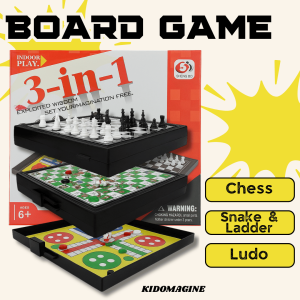 3 in 1 Board Game Chess Ludo Snakes & Ladders Magnetic Foldable Kids Toy Set/Game Board 3 Dalam 1