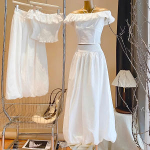 Set Áo Bèo Nhún Phồng Trễ Vai Croptop Chun Lưng + Chân Váy Midi Dáng Bí Phồng Màu Trắng QUYN.135