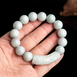 TIMESWIND Natural Jade Light Green Beaded Pattern Curved Strip Men Bracelet with Certificate