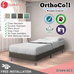 FurnitureMartSG OrthoCoil Divan Bed Frame Pet Friendly Scratch-Resistant Fabric With Mattress Add-On Options