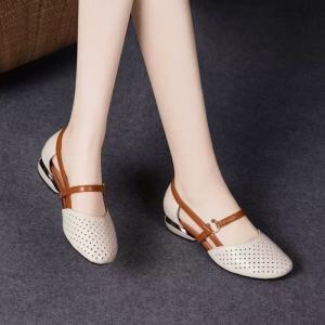 [Free Shipping] Summer New Soft Leather Sandals For Mothers Round Toe Mid-Heel Soft Sole Non-Slip Hollowed-Out Breathable Vintage WomenS Sandals