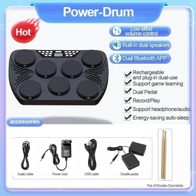 【BOLT】Multifunction Electronic Drum Set – 7 Velocity-Sensitive Pads Portable Tabletop Drum with Built-in 2 Speakers