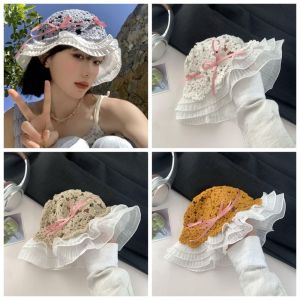 NOVELLEO Hollow Straw Hat Weave Wide Brim Bow Knot Hat Foldable Sunscreen Fisherman Hat Female