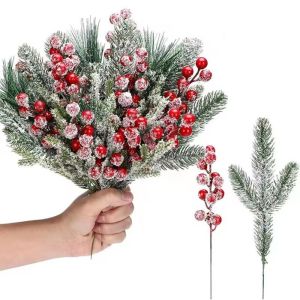 JING Greenery Leaves Christmas Artificial Pine Branches Plastic Red Berries Natural Looking Lifelike Accessories Fake Cedar Pine Home Decoration
