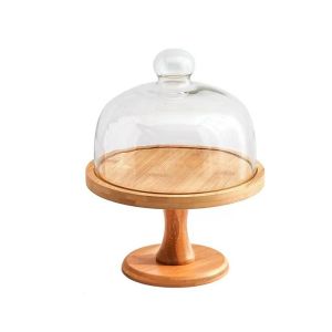 FOUNDTWO Glass Cover Wooden Cake Stand Vintage Transparent High Foot Cake Plate Bread Stand Household Cake Display Stand Afternoon Tea