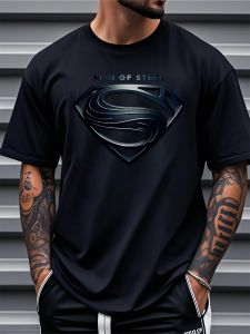Plus Size Justice League Mens Casual Crew Neck T-Shirt | Man of Steel Graphic Print | Short Sleeve | Playful Text Design | Comfortable Fit | Ideal for Spring/Summer Everyday Tshirt | SIZE L-5XL