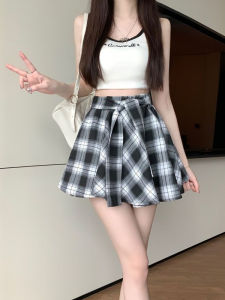 W. Shop กระโปรงผู้หญิง กระโปรงลายสก็อตสไตล์เกาหลี กระโปรงทรงเอเอวสูงมีสายผูก