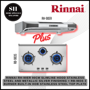 RINNAI RH-90ER 90CM SLIMLINE HOOD + RB-983S 3 BURNER BUILT-IN HOB STAINLESS STEEL TOP PLATE BUNDLE DEAL!