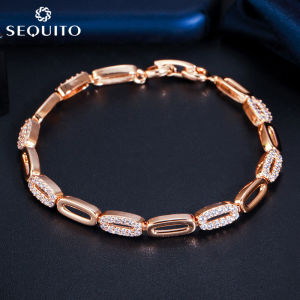SEQUITO Women Gold Color Simple Trendy Charm Oval Tennis Bracelet Pave Tiny Cubic Zircon Bangle Jewellery Gift B090