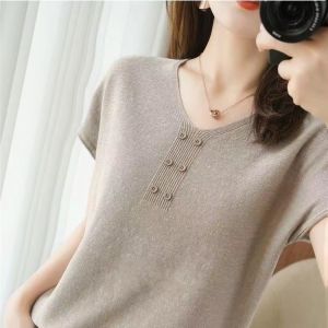 Ice Silk Knitted Blouse for Women Summer 2021 New V-neck Short Sleeve Cotton Shirt Casual Loose Office Lady Clothing