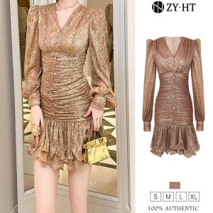 ZYHT EraVogue Womens Dresses Gold Dresses Fishtail Dresses Long Sleeve Dresses Formal Party Dresses Banquet Dresses Work Dresses Mini Dresses 40613