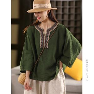 Áo cỡ lỡn Tay 3/4 đan móc cổ điển áo vải lanh cotton thêu phong cách dân tộc áo nữ thường ngày rộng