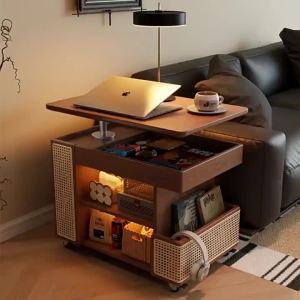 Solid wood lifting coffee table household small apartment sofa side cabinet mobile living room trolley rotating multi-function bus