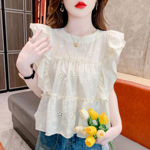 Ammin เสื้อสตรีผ้าฝ้ายแขนยาวสีขาวสำหรับผู้หญิงเสื้อเบลาส์หรูหราแบบสั้นคอกลมเรียบง่ายปักลายแฟชั่นสไตล์ฝรั่งเศสใหม่ฤดูร้อน2024