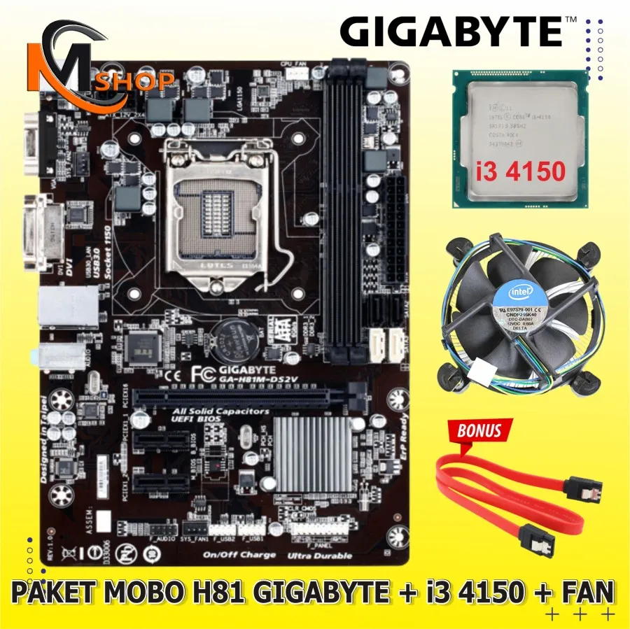 Paket Motherboard Mobo H81 Intel Gigabyte LGA 1150 Processor Core i3 4130 Fan