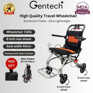 Gentech Foldable Light Weight 7.3kg Pull Rod Wheelchair Mesh Fabric Seat Kerusi Orang Tua Roda Ringan