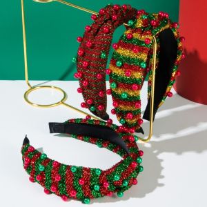 YRUQYS Color Blocking Stripe Christmas Headband Shiny Inlaid Pearl Striped Festive Hairband Creative Exquisite Women Party Headpiece Women