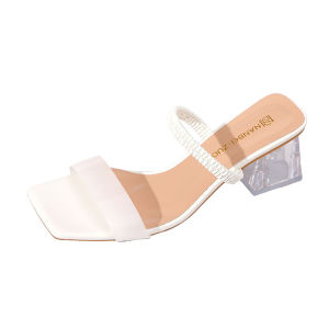 [Free Shipping] Rhinestone Transparent Chunky Heel Sandals For Women New Summer Fashion Square-Toe Open-Toe Slip-On Style